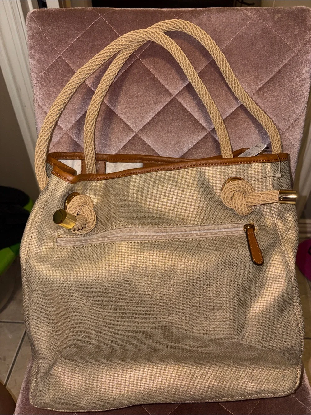 Michael Kors Gola Canvas Tote with Rope Handles and Gold MK Charm